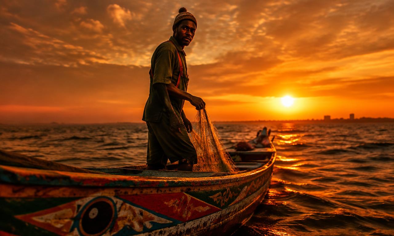 Vidéo IA : pêcheur sur une pirogue au coucher du soleil à Dakar